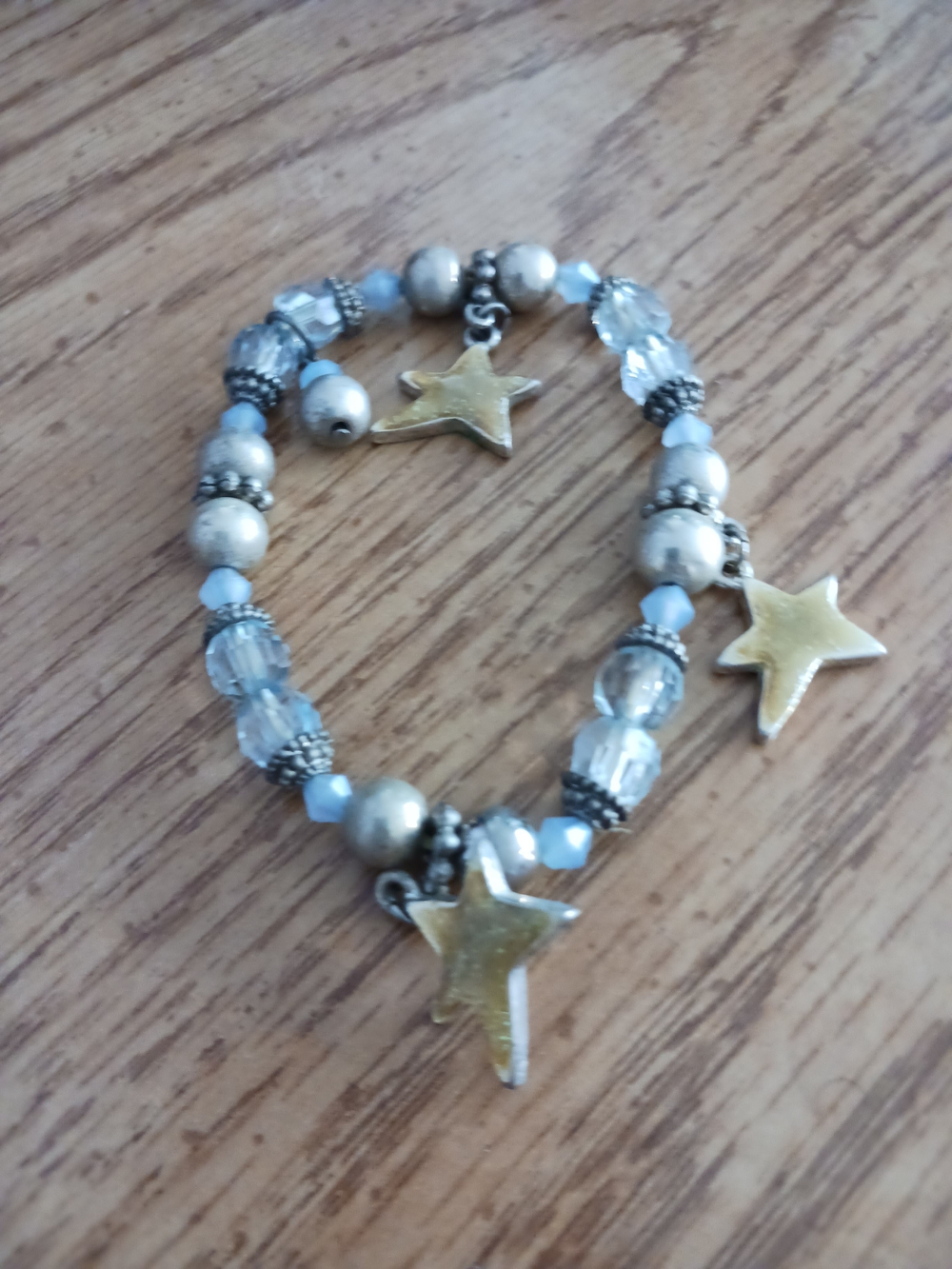 Gold Star Charm Beaded Bracelet with Clear and Pale Blue Beads - Women Jewelry
